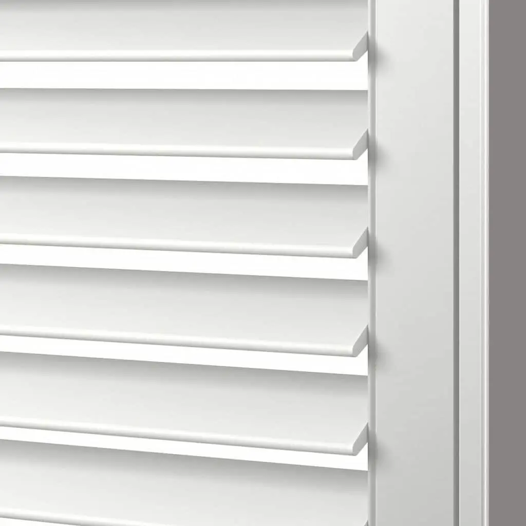 White window shutters with adjustable louvers for light control and privacy.