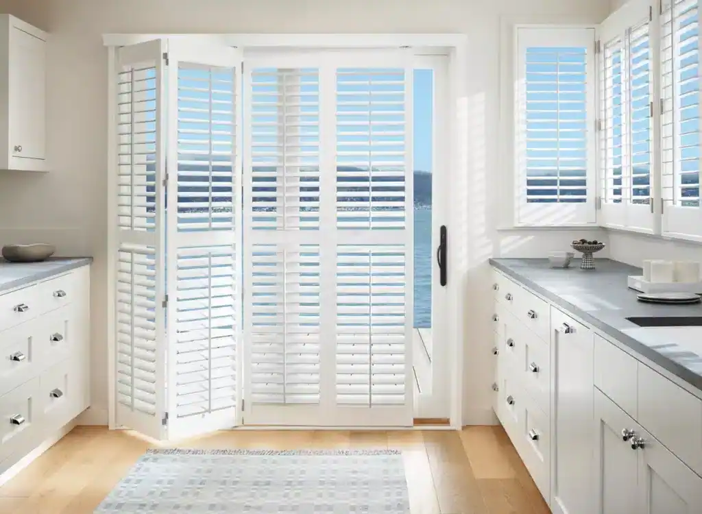 Bright kitchen with white shutters overlooking water view.