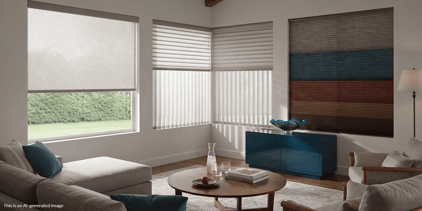Spacious living room with large windows, beige sofa, blue sideboard, colorful wall hanging, and natural light, creating a cozy and inviting atmosphere.