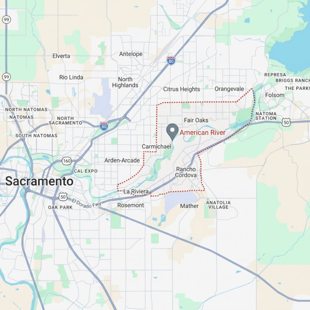 Map showing Sacramento, Carmichael, Fair Oaks, and American River in California with major roads and neighborhoods.