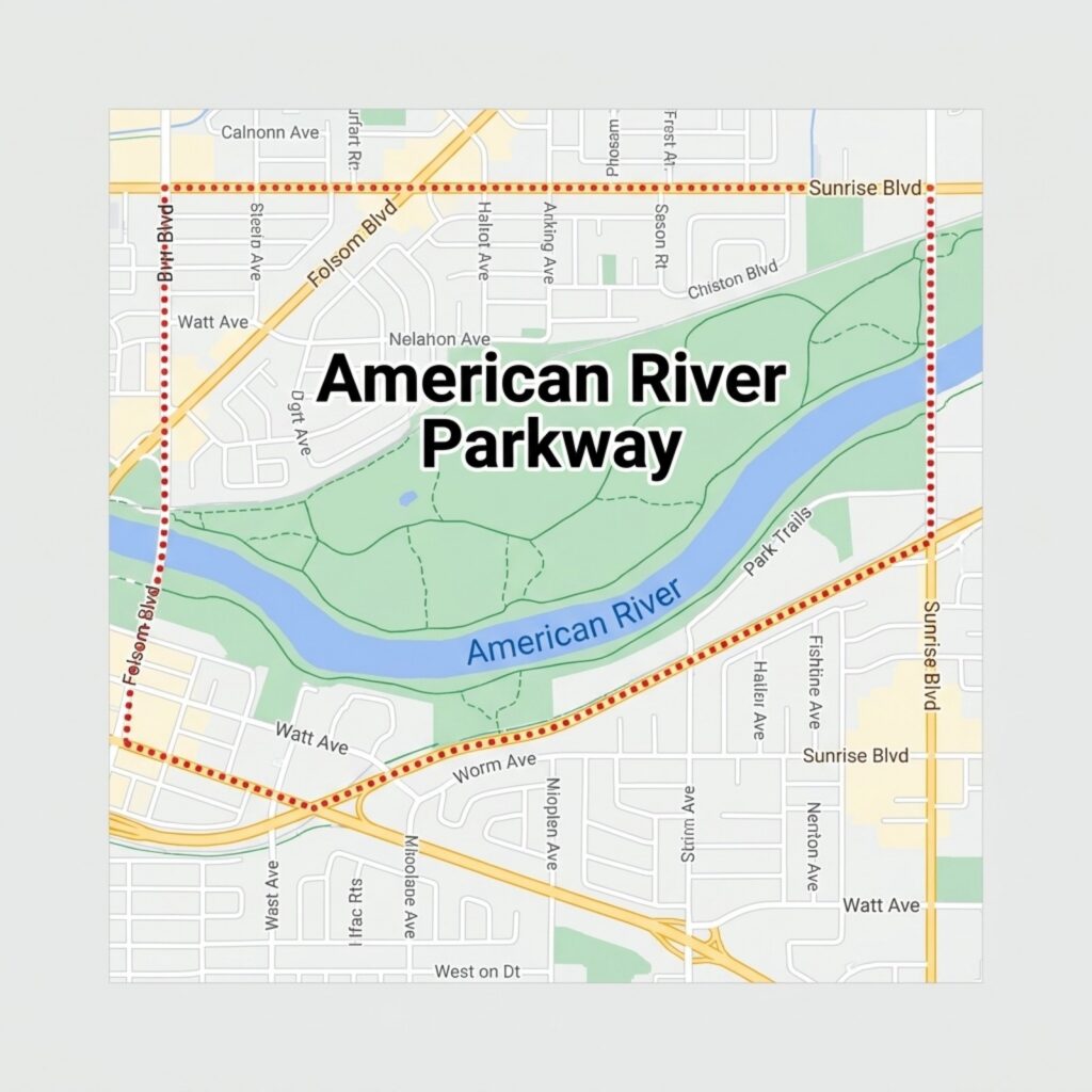 Map of American River Parkway showing surrounding streets, the river, and park trails in a detailed layout.