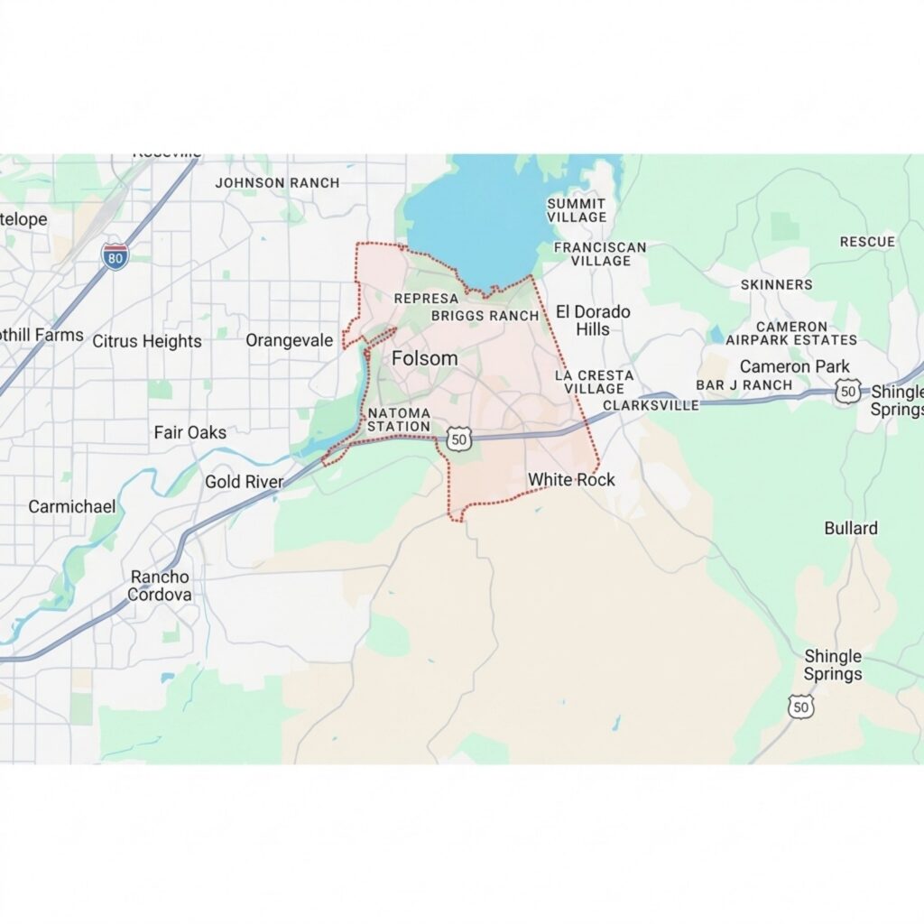 Map of Folsom, California, showing neighborhoods, parks, and major roads including Highway 50 and nearby areas.