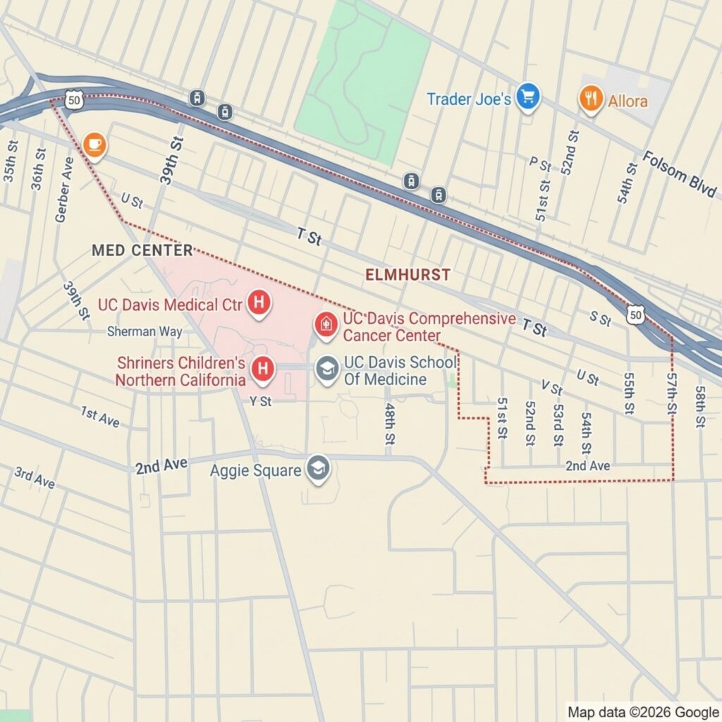 Map showing UC Davis Medical Center, Shriners Children's, Aggie Square, and surrounding streets in Davis, California.