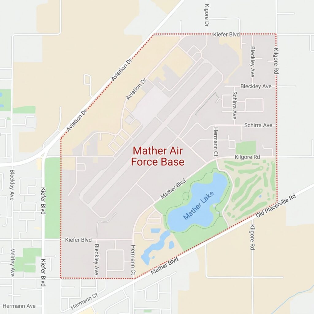 Map of Mather Air Force Base showing runways, roads, and Mather Lake in California.