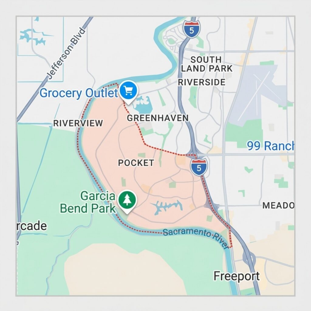 Map showing Greenhaven, Pocket, Riverview, and nearby parks with highways and landmarks in Sacramento area.