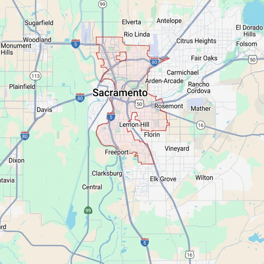 Detailed map of Sacramento, California showing neighborhoods, highways, and surrounding areas.