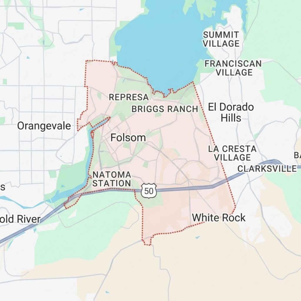 Map showing Natoma Station and surrounding neighborhoods including Folsom, Briggs Ranch, and El Dorado Hills.