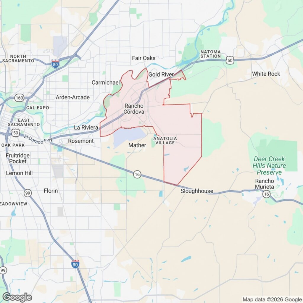 Detailed map of Rancho Cordova, California, showing neighborhoods, highways, and nearby natural reserves.