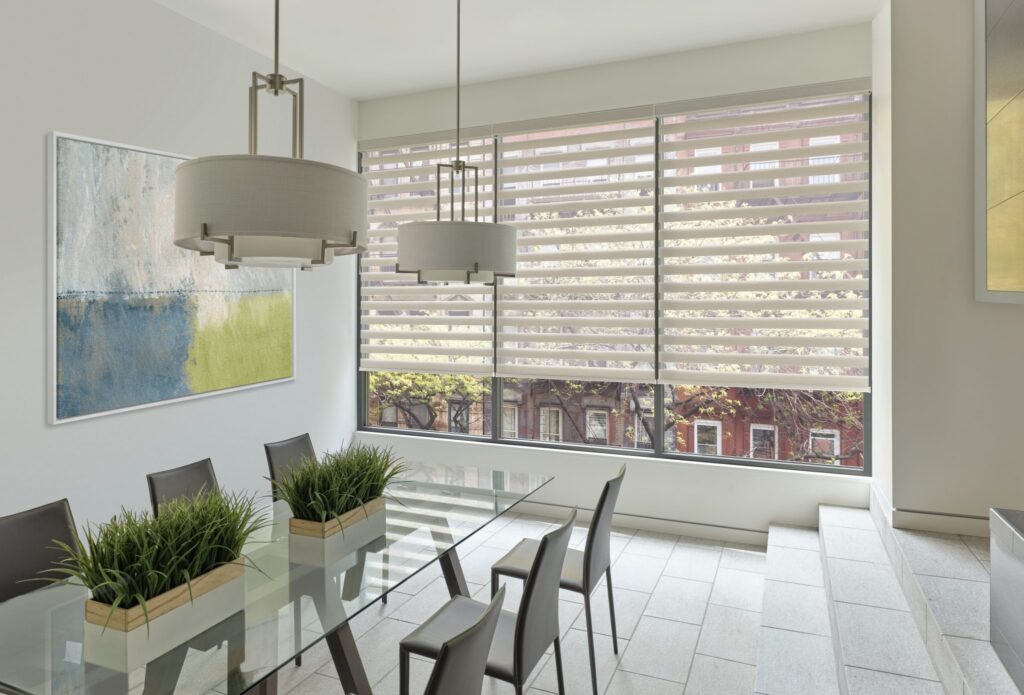 Designer Banded Shades in Blakeney with SoftTouch® Motorization on small windows
