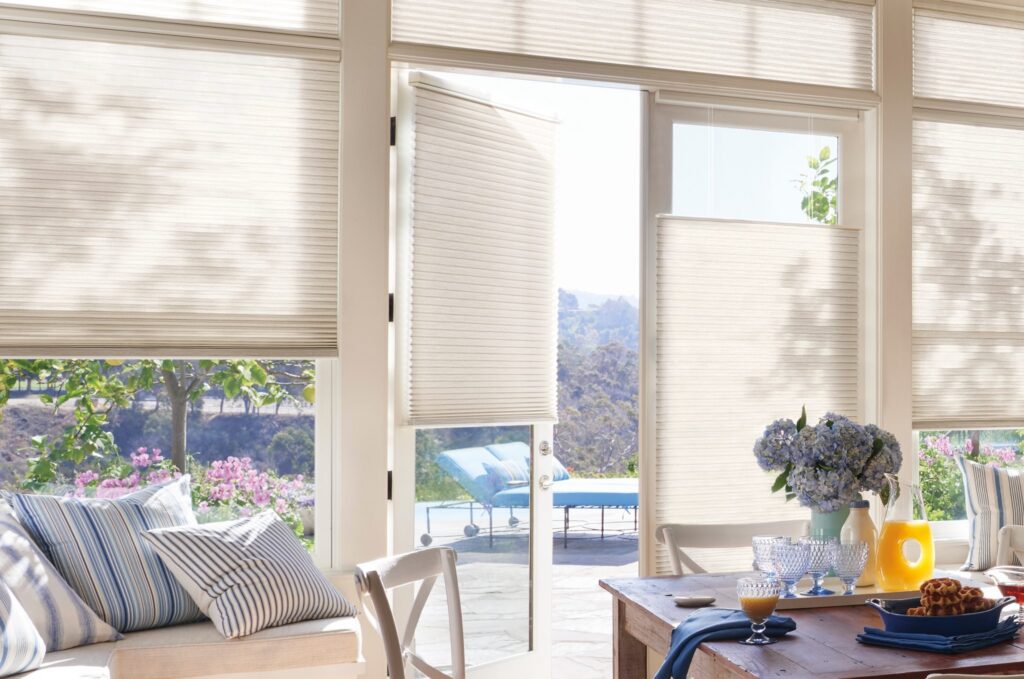 Duette® Honeycomb Shades in Alexa™ with PowerView® Automation in a kitchen, cropped view
