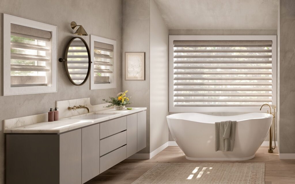 Pirouette® Window Shadings in Thea™ with PowerView® Automation in a bathroom